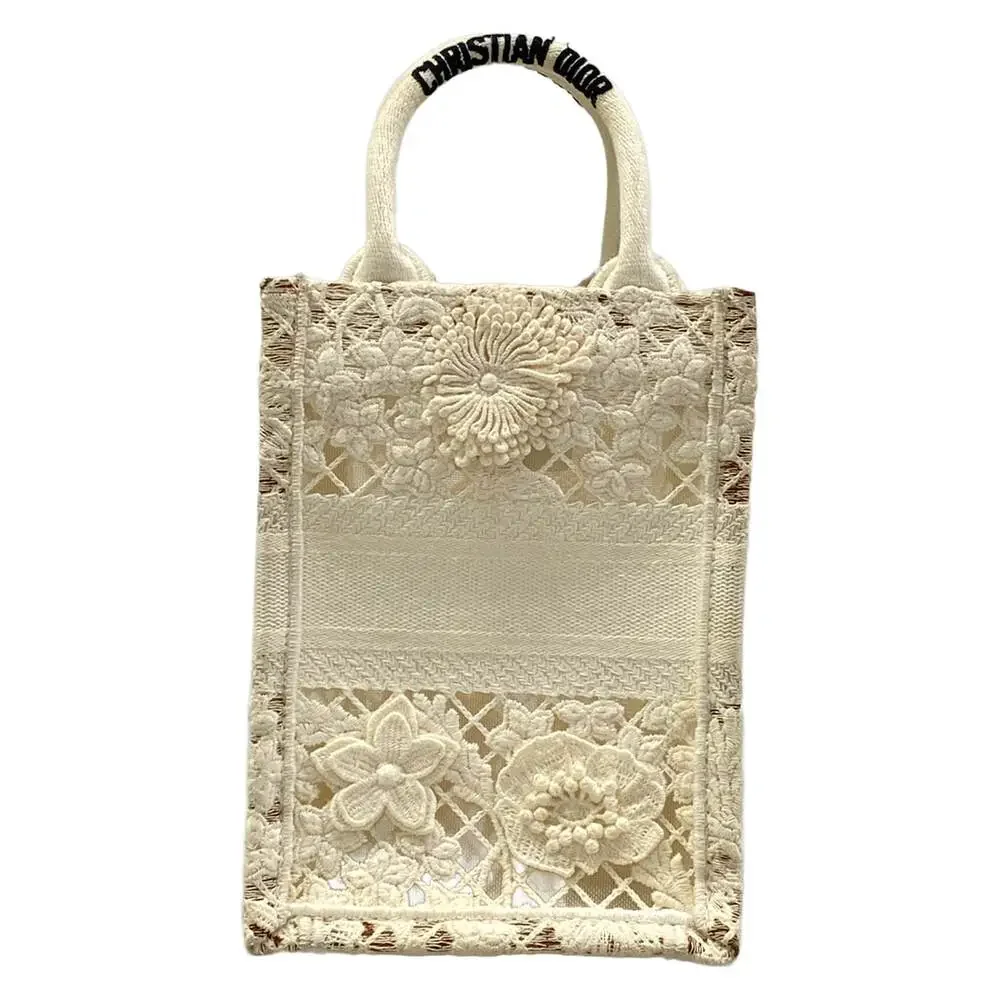 Christian Dior Book Tote Mini Phone Bag Tote Bag White Black Cotton Leather